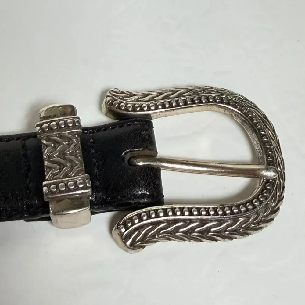 Vintage Talbots Black Leather Belt Silver Tone Knot Buckle Large 1996 Western